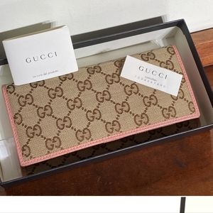 Authentic GUCCI GG Logo Beige Monogram Canvas Leather Long Bifold Wallet